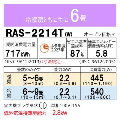 TOSHIBA（東芝） ルームエアコン RAS-2214T-W 2.2kw (おもに6畳用) 単