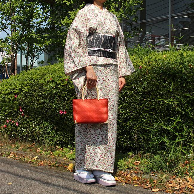 きもの 和 和小物さくらかごバッグ 浴衣 高級竹籠バッグ 無地 オレンジ