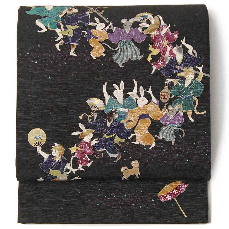 京袋帯 WAKKA ええじゃないか 黒 カラフル うさぎ 猫 ねこ 踊り