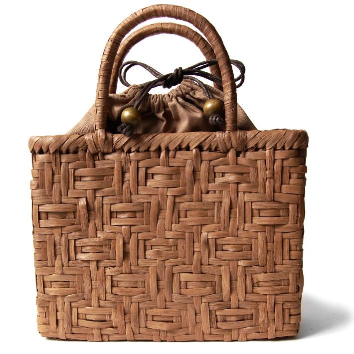 山葡萄 籠バッグ 柿渋染め 巾着 変わり斜め綱代編 茶色 女性用 鞄 かご