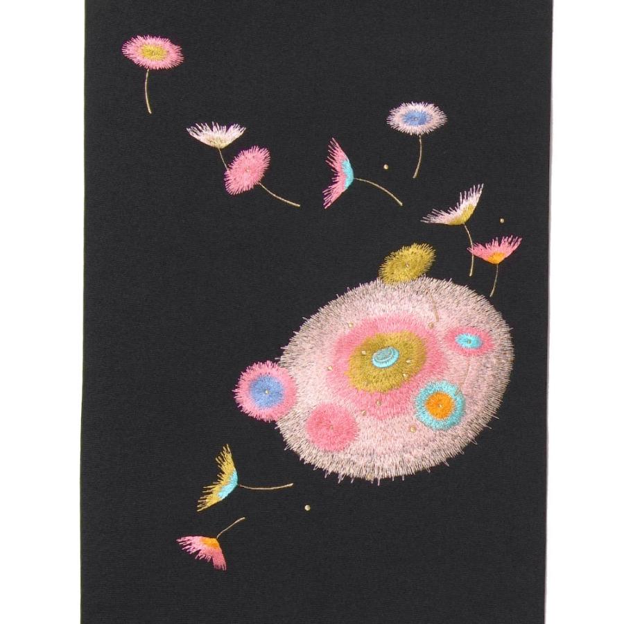 名古屋帯 刺繍 綿毛 たんぽぽ 黒 ピンク 花 塩瀬 レトロ モダン