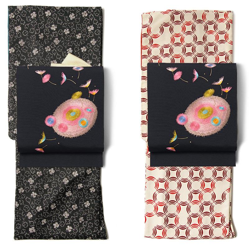 名古屋帯 刺繍 綿毛 たんぽぽ 黒 ピンク 花 塩瀬 レトロ モダン