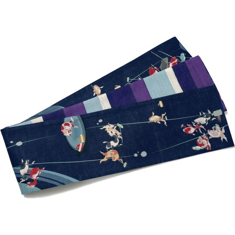 半幅帯 WAKKA 麻 カーリング 金魚 紺 紫 縞 スポーツ 浮世絵風