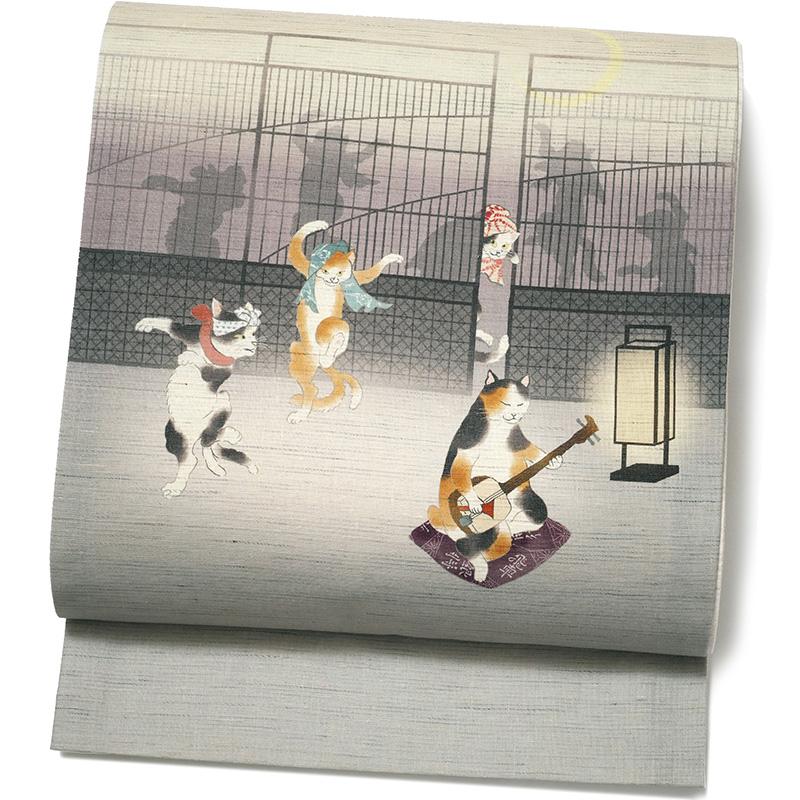 京袋帯 WAKKA 麻 猫の踊り場 グレー 三味線 三毛猫 ハチワレ 猫又 怪談