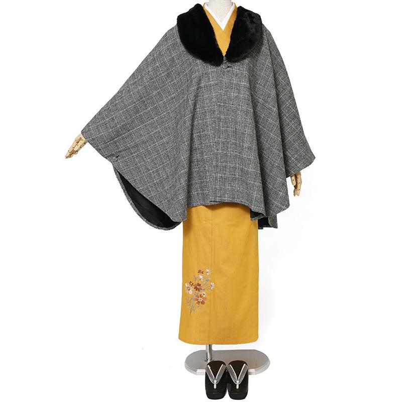 ケープ コート JAPAN MODE グレンチェック グレー ファー ポンチョ 冬