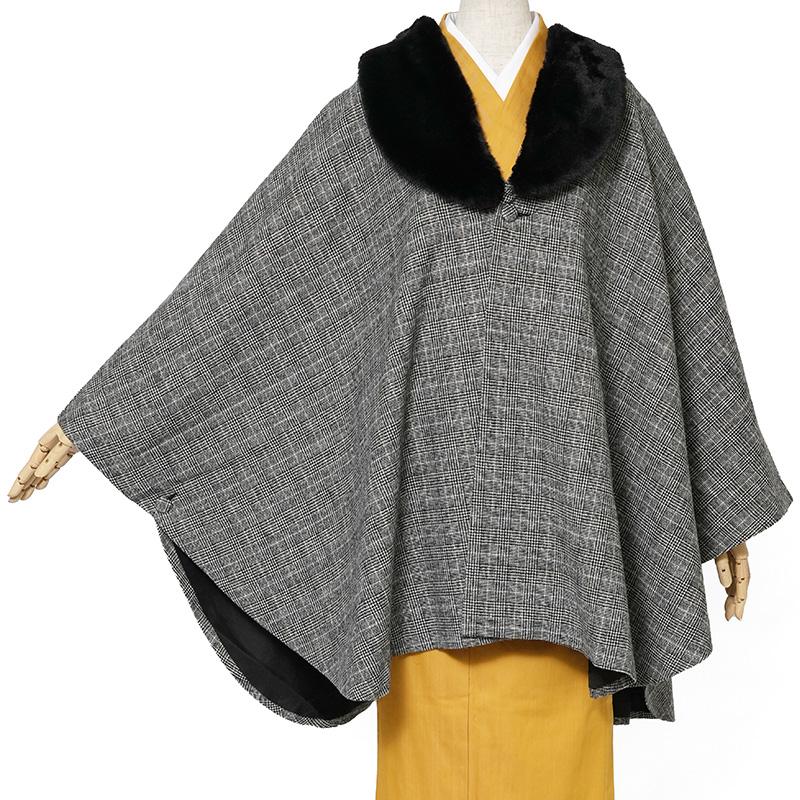 ケープ コート JAPAN MODE グレンチェック グレー ファー ポンチョ 冬