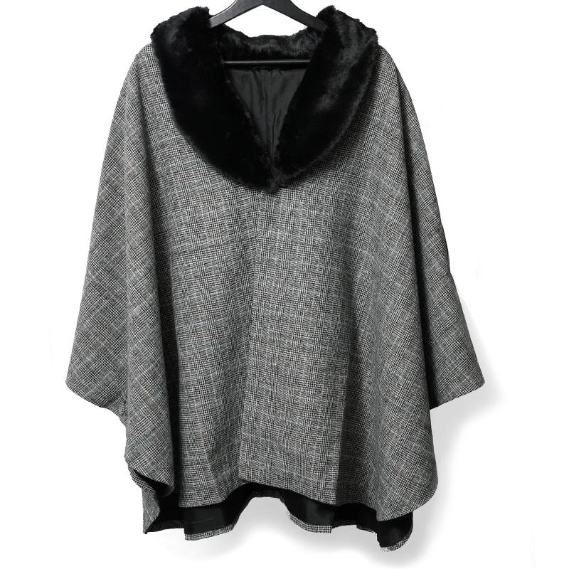 ケープ コート JAPAN MODE グレンチェック グレー ファー ポンチョ 冬