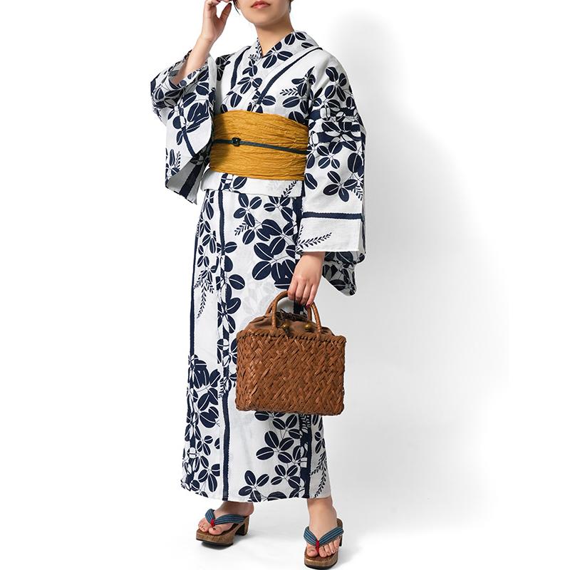 浴衣 綿麻 縞に萩 白 紺 古典柄 白地 レディース レトロ シック モダン