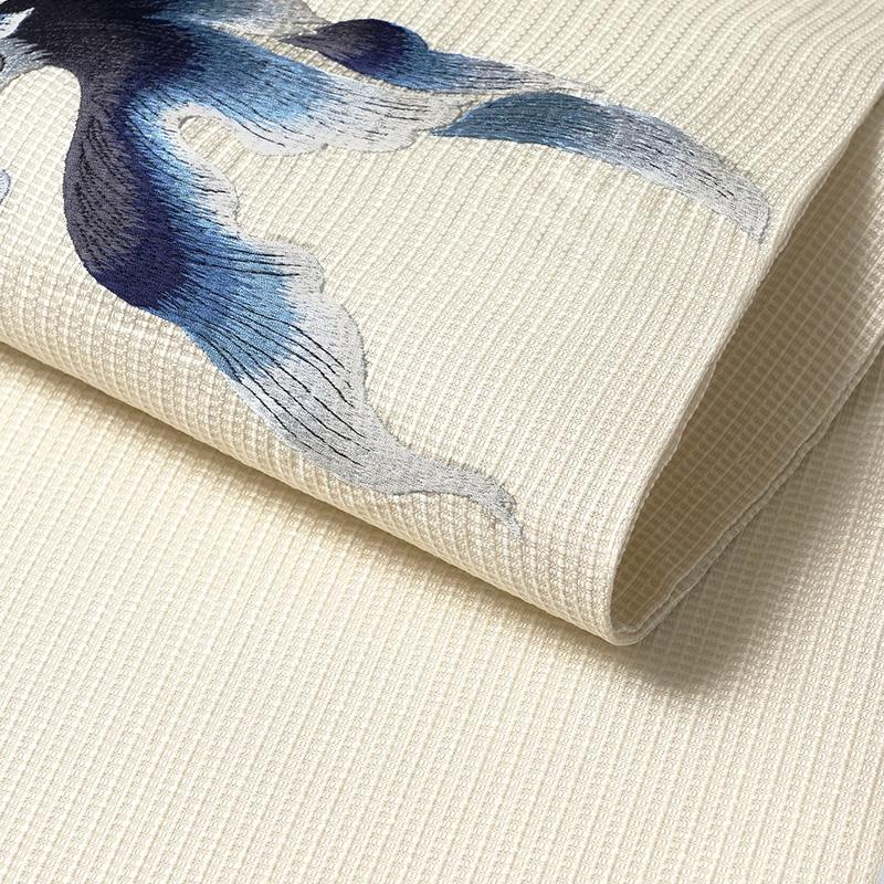 誉田屋源兵衛 名古屋帯 金魚 オフ白 紺 刺繍 正絹 夏着物 仕立て上がり