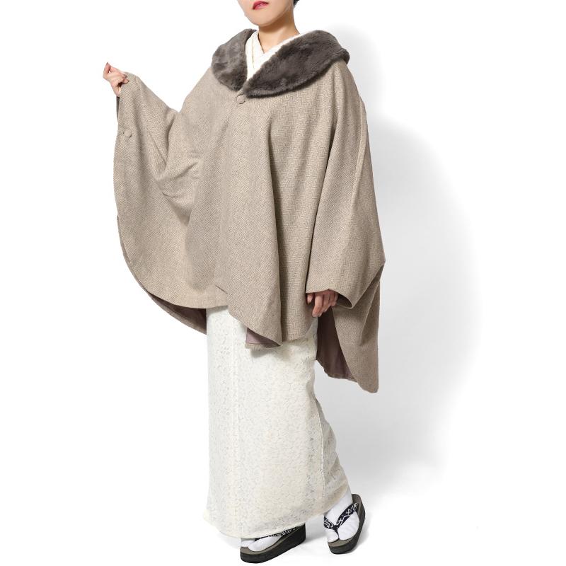 ケープ コート JAPAN MODE ヘリンボーン ベージュ ファー ポンチョ 冬