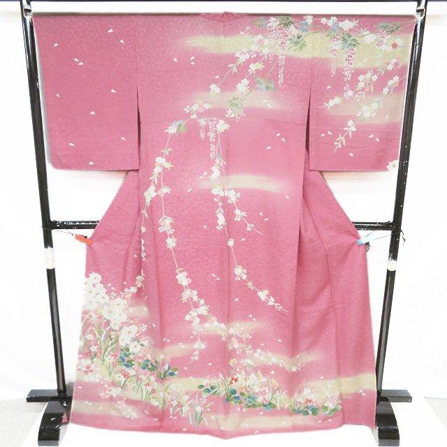 訪問着 着物 未使用 正絹 単衣 フォーマル 花の図 桜散らし 地模様