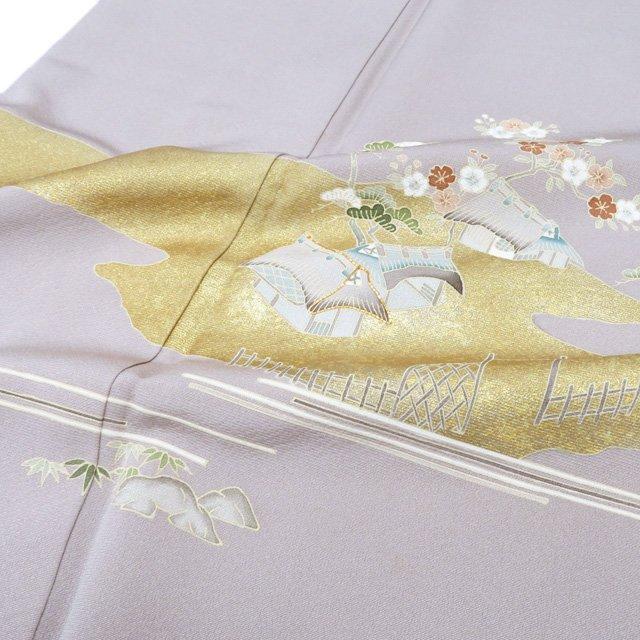 特選 本加工 訪問着 着物 中古 正絹 袷 三越 金駒刺繍 茶屋辻 茶鼠色