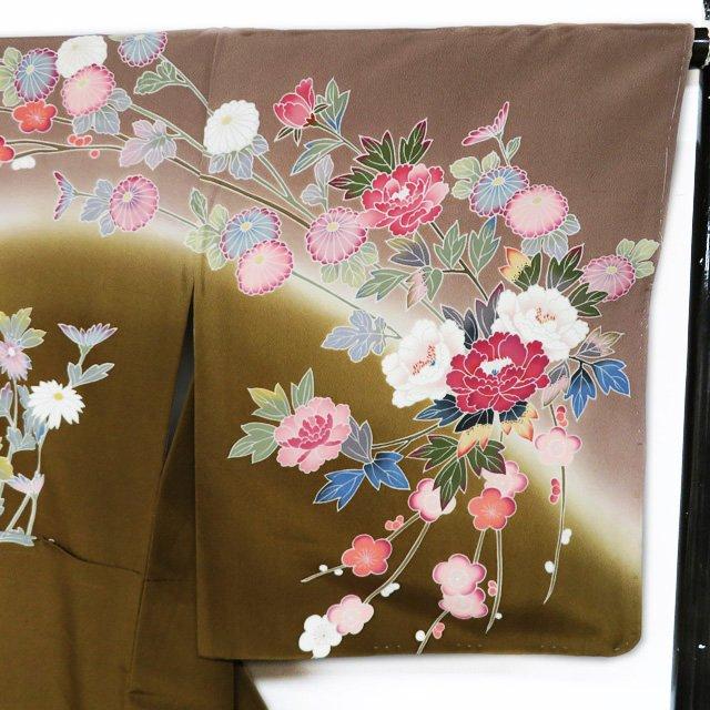 訪問着 着物 未使用 正絹 袷 作家物 落款 花の図 丁子茶色 唐茶色 多色