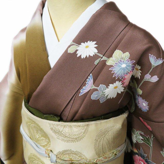 訪問着 着物 未使用 正絹 袷 作家物 落款 花の図 丁子茶色 唐茶色 多色