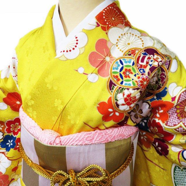 振袖 着物 中古 リサイクル 正絹 金駒刺繍 花模様 梅 桜 鹿の子 地模様