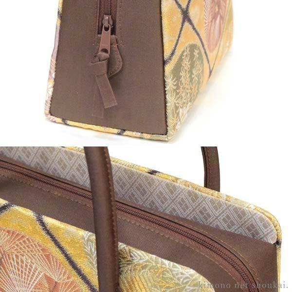正絹 利休バッグ（24)ダークブラウン こげ茶色 金襴格子 四季花 15110