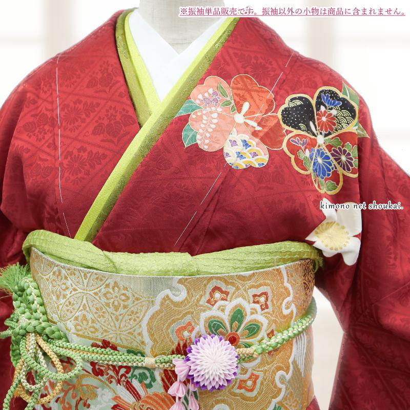 送料無料】【中古】 振袖 正絹（展示品 ランクS えんじ 赤 古典 桜