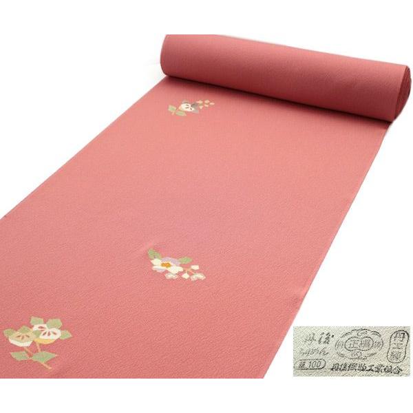 着物 小紋 反物 正絹 反物のみ 丹後ちりめん ピンク地椿柄 送料無料