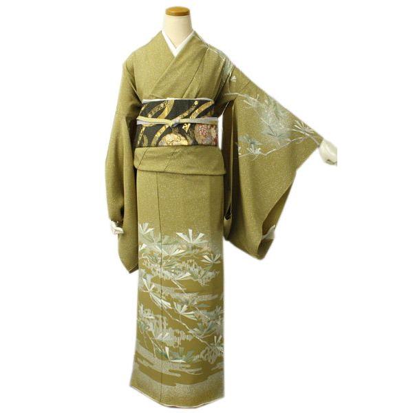 正絹訪問着 未仕立て 仮絵羽 からし茶色あられ地にヱ霞に松模様 : 京都