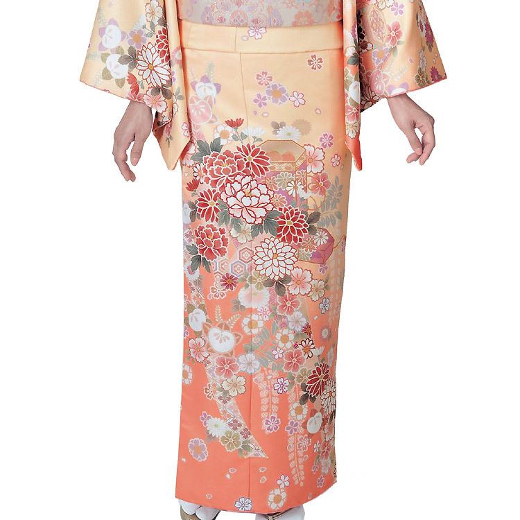 H.L（アッシュ・エル） 訪問着 単品 オレンジ地 貝桶に吉祥花柄 フリー