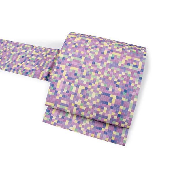 名古屋帯 帯留 三分紐 3点セット 紫 薄緑 黄地 モザイク格子柄 夏 帯