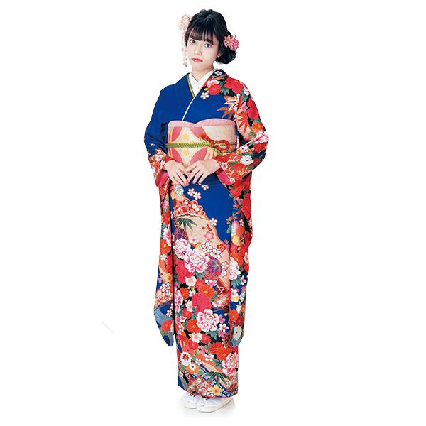 H.L（アッシュ・エル） 振袖3点セット 紺地手毬と芍薬 吉祥紋様 振袖