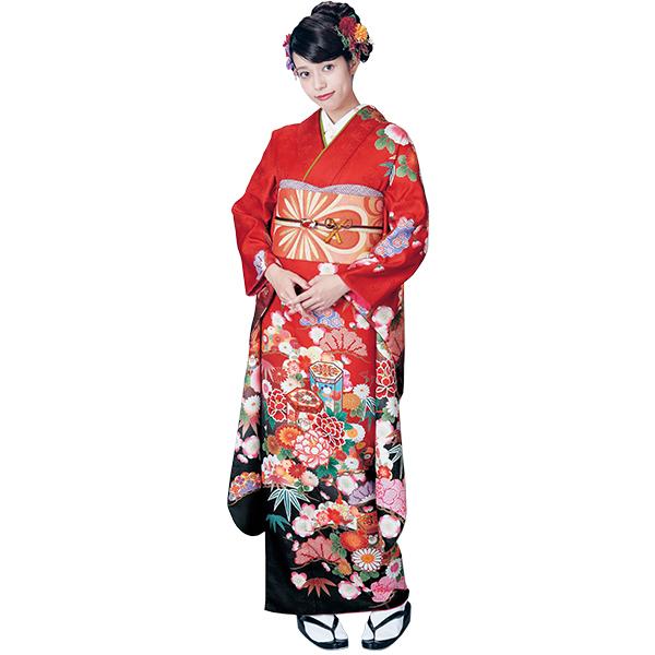 H.L（アッシュ・エル） 振袖3点セット 赤・黒染分け地貝桶に松竹吉祥華