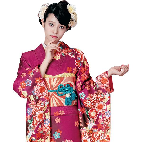 H.L（アッシュ・エル） 振袖3点セット 渋濃ピンク紫地熨斗に吉祥華紋