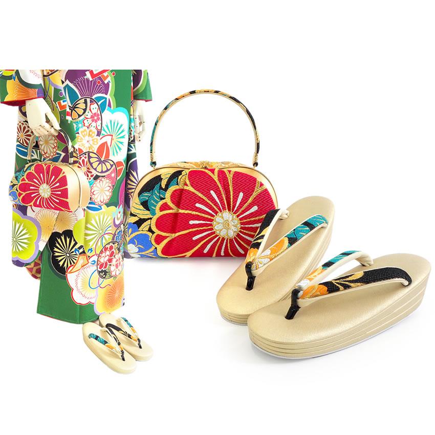 草履バッグセット 振袖 二尺袖 袴 成人式 卒業式 黒地 ゴールド 菊