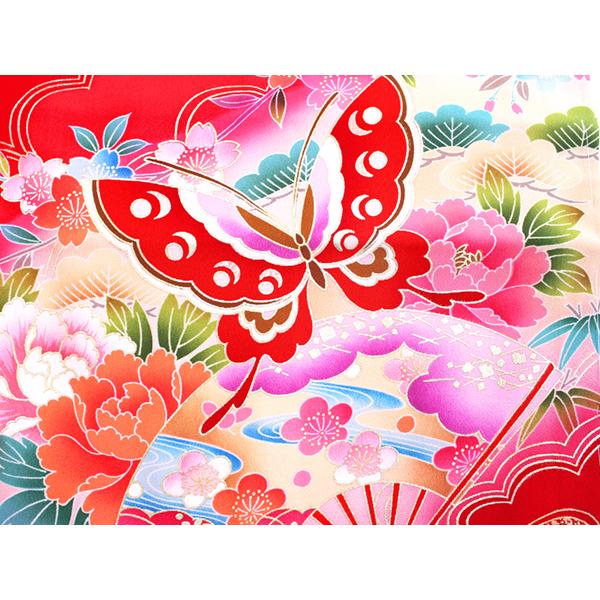 七五三 着物 7歳 赤 蝶 四つ身 女の子 ピンク 扇 牡丹 古典 長襦袢