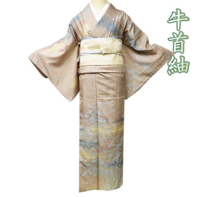 特選 牛首紬 着物 中古 袷 セミフォーマル 白山工房 ラベル付き 植物