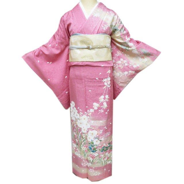 訪問着 着物 未使用 正絹 単衣 フォーマル 花の図 桜散らし 地模様