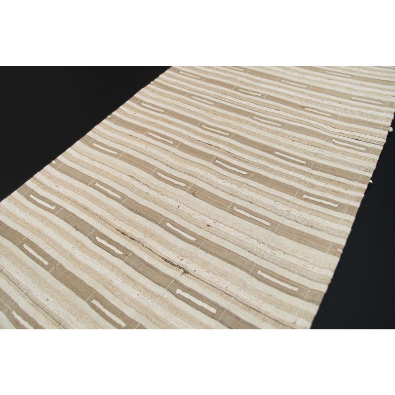 袋帯 正絹 野蚕シルク 紬 手紡ぎ 生成り ライトベージュ 横段 格子柄