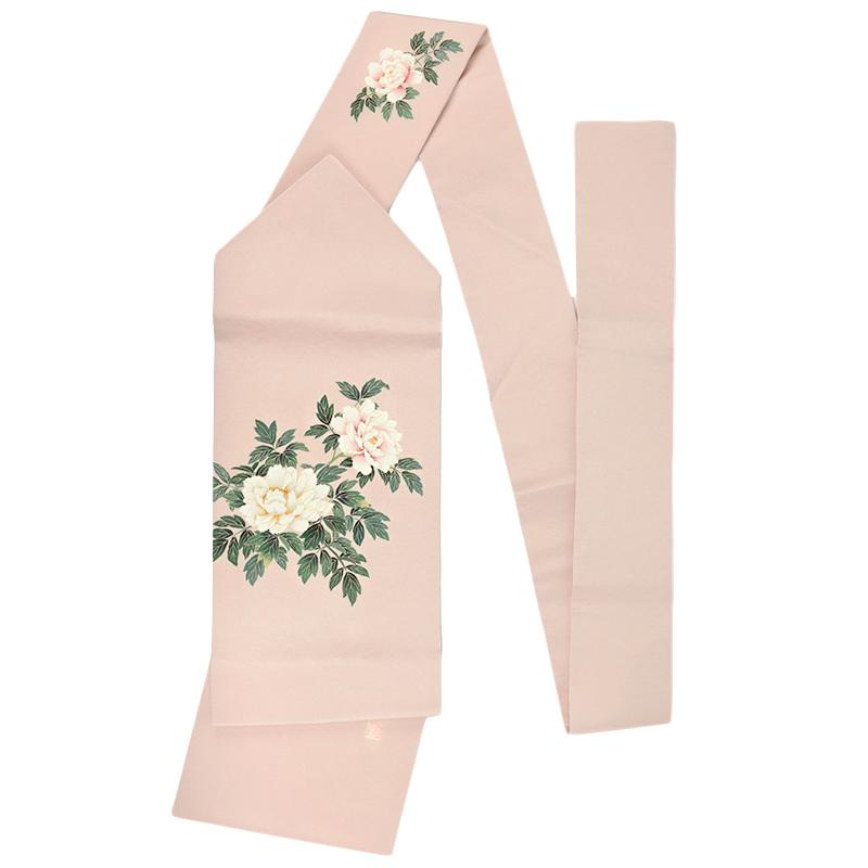 名古屋帯 秀美 九寸 正絹 友禅染 ピンク ピンクベージュ 花 牡丹 和柄