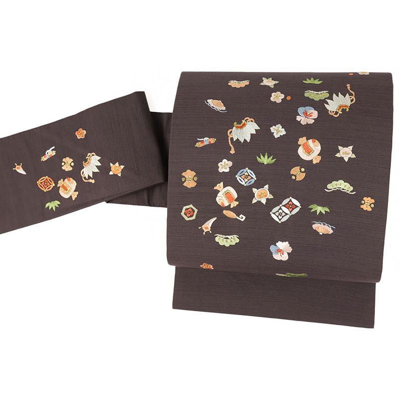 名古屋帯 手刺繍 未使用 正絹 紬 カジュアル 宝尽くし 濃茶 九寸