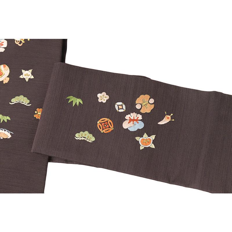 名古屋帯 手刺繍 未使用 正絹 紬 カジュアル 宝尽くし 濃茶 九寸