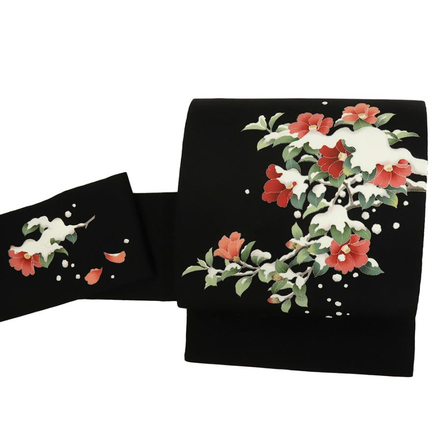 名古屋帯 秀美 正絹 黒地 雪持ち椿 カジュアル 仕立て上がり 手描友禅