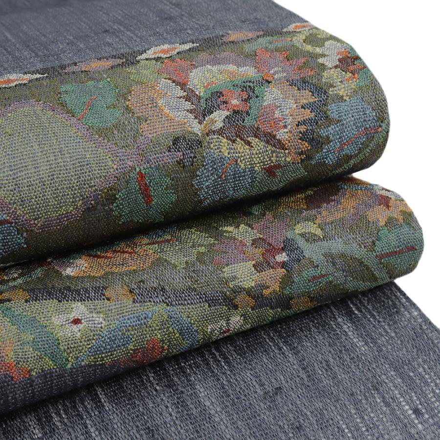 袋帯 藤田織物 真綿紬 正絹 紺 灰紺 唐花 仕立て上がり カジュアル