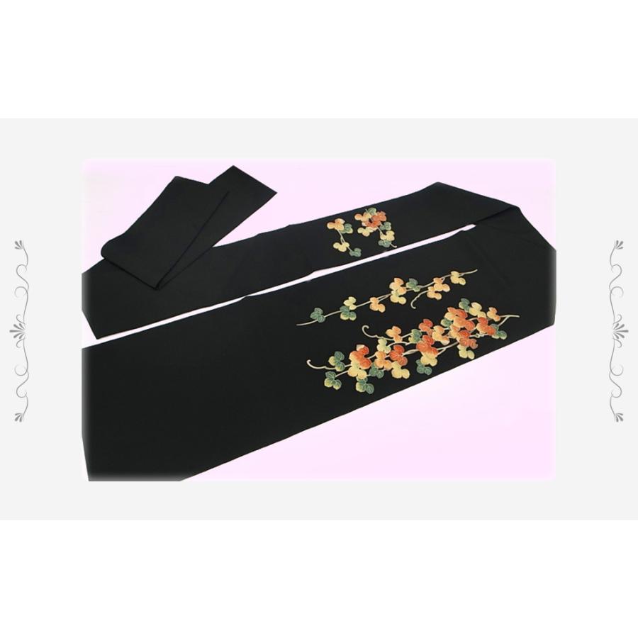 名古屋帯 十日町友禅 秀美 未仕立て 正絹 浜ちりめん 染帯 蔦 秋 黒地