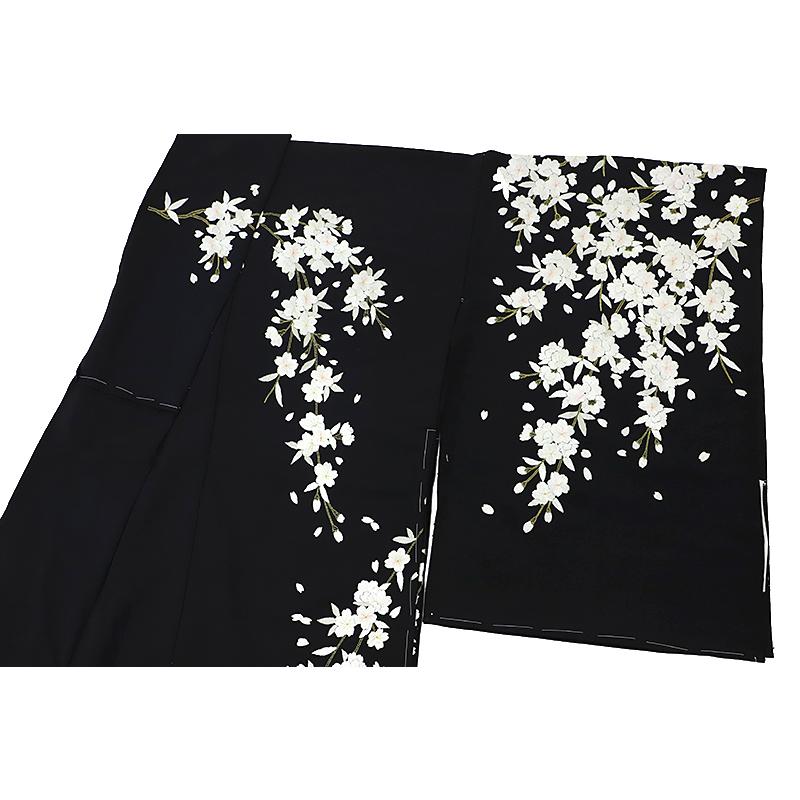 訪問着 手刺繍 正絹 黒地 桜 未仕立て 着物 反物 仮絵羽 フォーマル