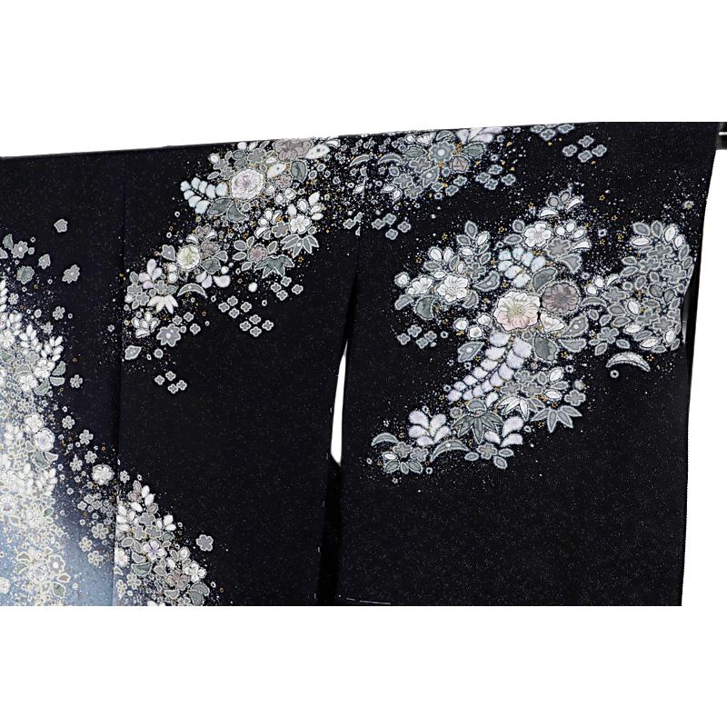 訪問着 吉野一廉 辻ヶ花染め 正絹 黒地 未仕立て 仮絵羽 フォーマル