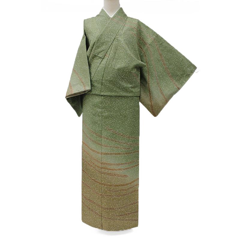 中古 本場牛首紬 紬 訪問着 リサイクル カジュアル 抹茶 蝋たたき染め