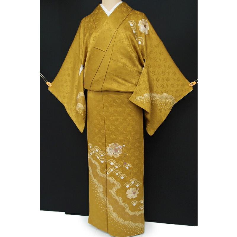 中古 訪問着 リサイクル 着物 絞り染め 刺繍 雪輪 青海波 梅 金彩 菊花