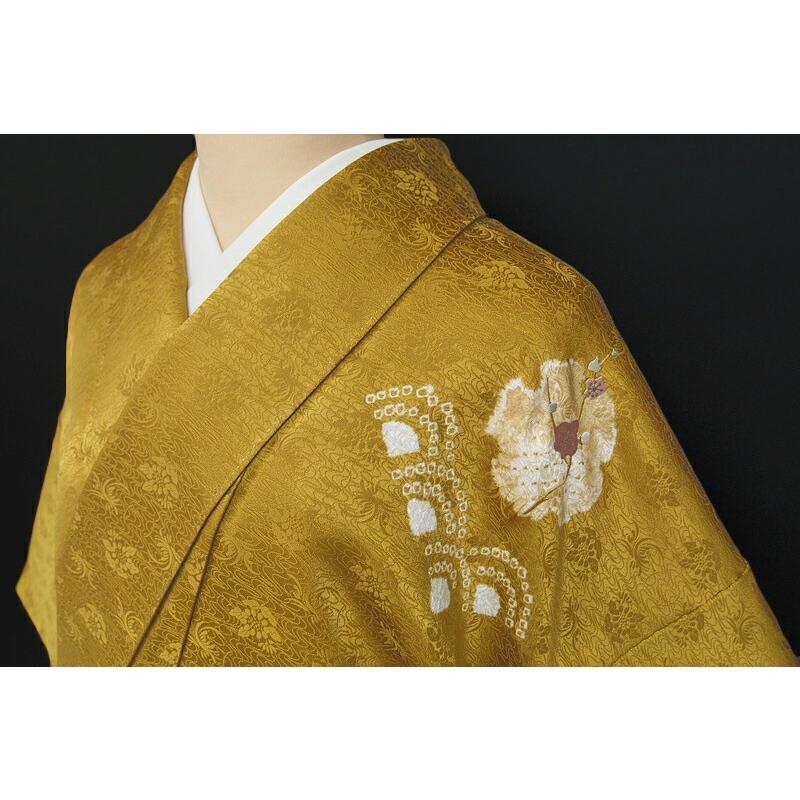 中古 訪問着 リサイクル 着物 絞り染め 刺繍 雪輪 青海波 梅 金彩 菊花
