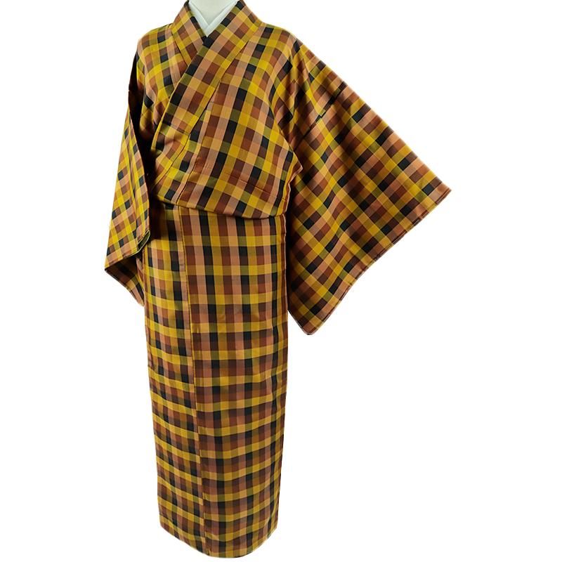 山下八百子 本場黄八丈紬 正絹 着物 黄色 茶 格子 市松 身丈164cm 裄