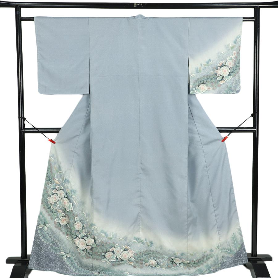 訪問着 大島紬 正絹 ブルーグレー 辻が花 リサイクル 着物 絞り 新古品