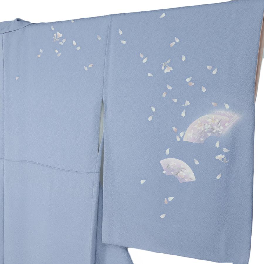 訪問着 正絹 桜 中古 着物 リサイクル 作家 伊東深水 水色 扇面 身丈