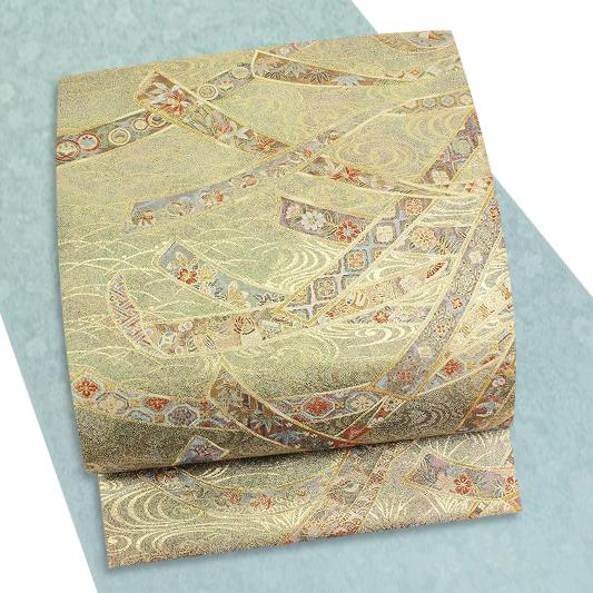 袋帯 正絹 新品 西陣 あさぎ プラチナ箔 花熨斗月次絵文様 未仕立て 塚