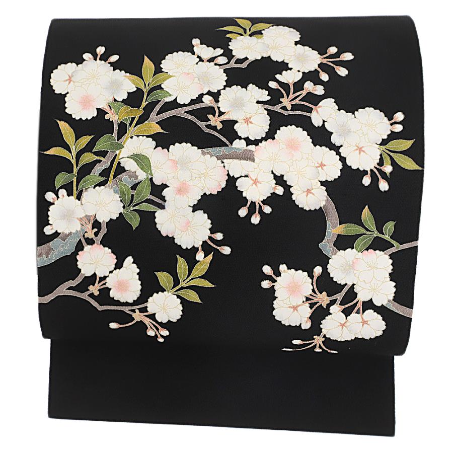 名古屋帯 正絹 友禅染 黒地 花 桜 桜の木 秀美 和柄 シック 新品