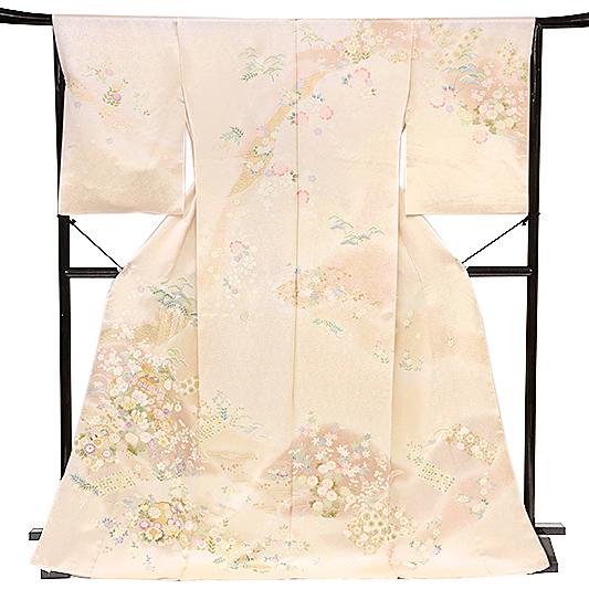 訪問着 吉澤友禅 十日町友禅 正絹 ピンクベージュ 貝桶 桜 菊 牡丹